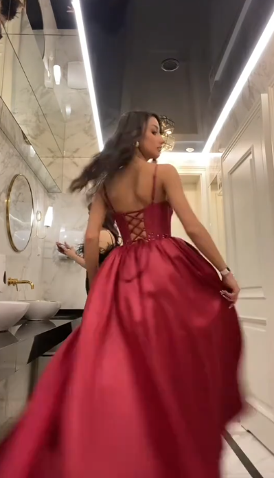 Chic Burgundy Prom Dress, Spaghetti Straps A-Line Satin Long Evening Dresss DP05791