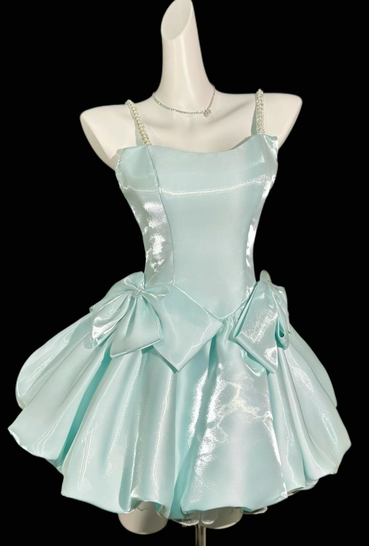 Fashion Spaghetti Straps Short Summer Dress Satin A-Line Beach Party Dress Sleeveless Blue Birthday Dress DP05817