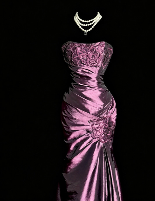 Elegant Strapless Mermaid Satin Long Evening Dress Purple Mother Of Bride Dress DP05835