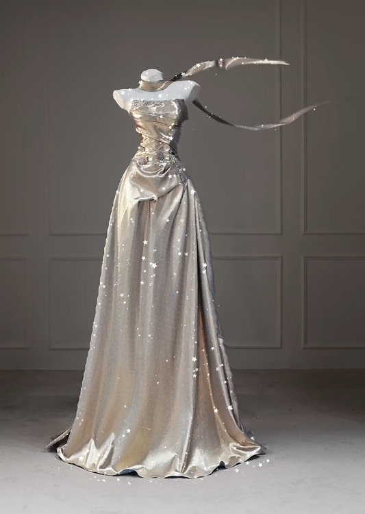 Elegant Strapless A-Line Metallic Satin Long Evening Dress DP05838