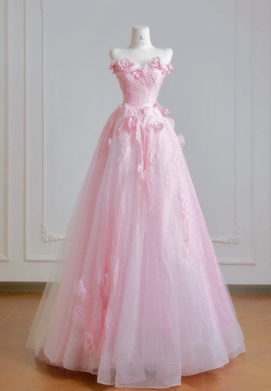 Gorgeous Pink Sweet 16 Dress Strapless Long Evening Dress A-Line Tulle Prom Dress DP05875