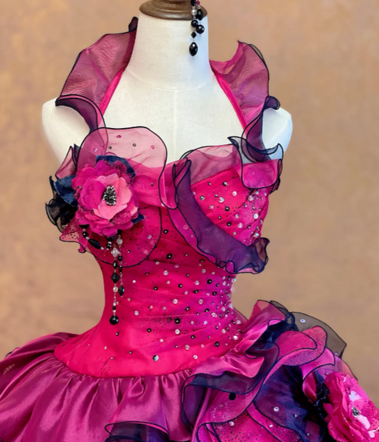 Gorgeous Hot Pink Sweet 16 Dress Halter Long Evening Dress Ball Gown Tulle Applique Prom Dress DP05879