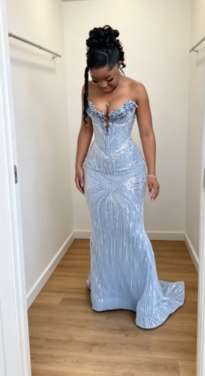 Elegant Sweetheart Sheath Beaded Tulle Long Evening Dress Dusty Blue Prom Dress DP05915