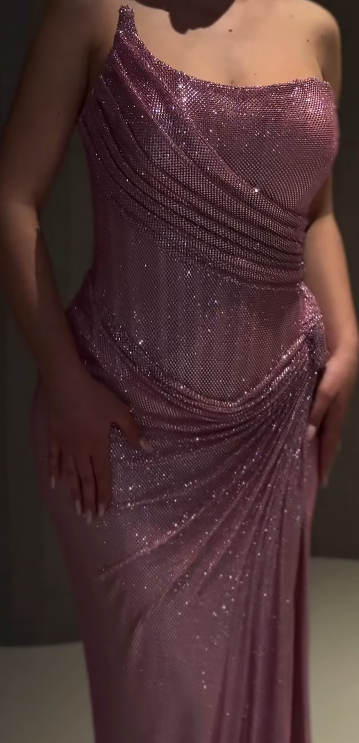 Elegant Strapless Sheath Sequins Chiffon Long Evening Dress Pink Prom Dress DP05916