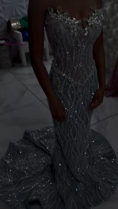 Elegant Sweetheart Mermaid Prom Dress Tulle Beaded Long Evening Dress Sliver Birthday Dress DP05924
