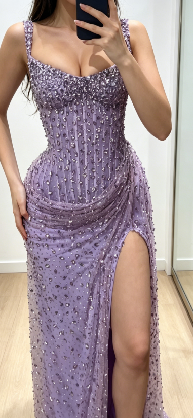 Chic Purple Evening Dress Straps Sheath Tulle Beaded Prom Dress DP05972