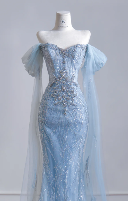 Chic Blue Evening Dress Off-shoulder Sheath Tulle Long Prom Dress DP05978