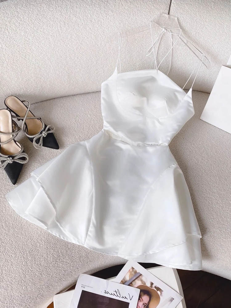 Cute A line Halter White Summer Homecoming Dress Hoco Dress Mini 16th Birthday Outfit Cocktail Dresses DP1756