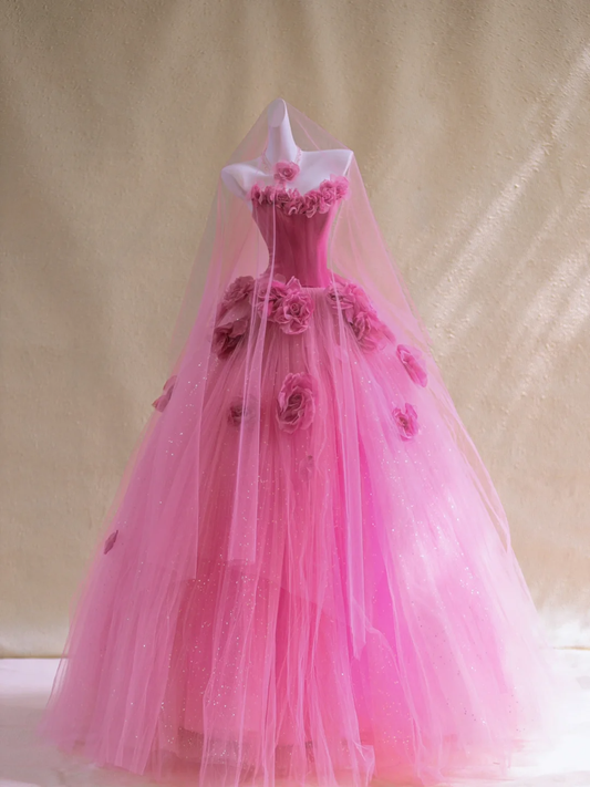 Gorgeous Ball Gown Sweetheart Hot Pink Floral Tulle Long Prom Dress Party Dress Graduation Dresses DP1973