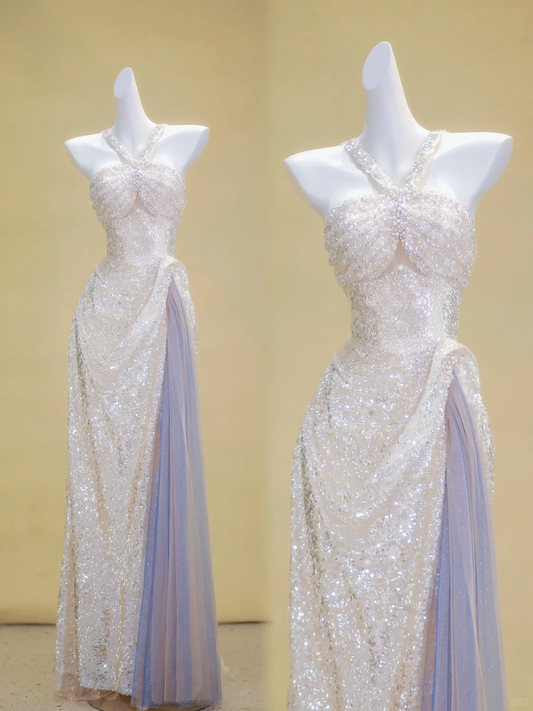 Gorgeous Mermaid Halter Silver Sequin Slit Long Prom Dress Party Dress Graduation Dresses DP2002