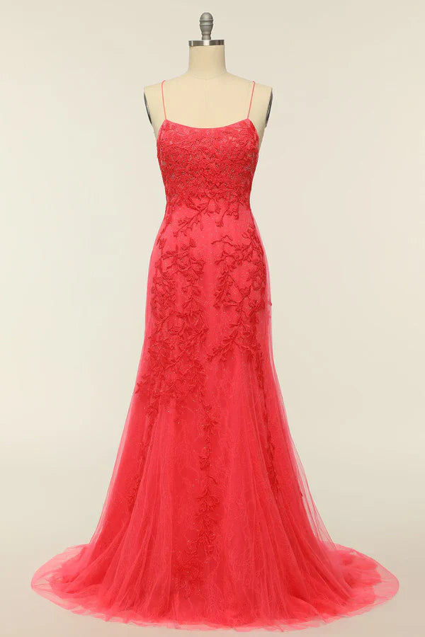 Elegant Mermaid Spaghetti Straps Long Prom Dress With Appliques Lace Evening Dresses DP257