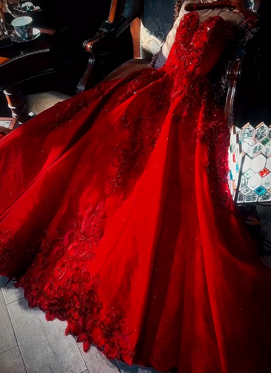 Elegant Red A-Line Long Prom Dress Spaghetti Straps Applique Satin Evening Dress Sweet 16 Dress DP2895