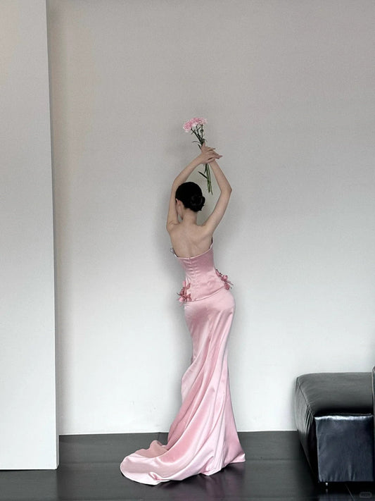 Elegant Strapless Mermaid Satin Long Pink Evening Dress Sweet Birthday Party Dress DP2904
