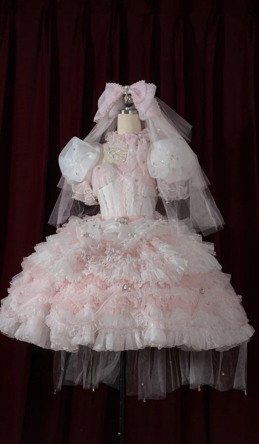 Cute Square Neck Ball Gown Tulle Short Sleeve Birthday Dress Pink Lolita Dress DP3015