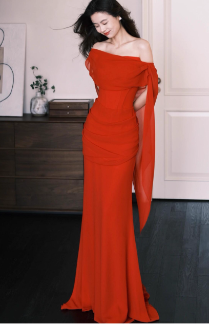 Elegant Off-shoulder Mermaid Chiffon Long Prom Dresses,Red Formal Evening Gowns DP3069