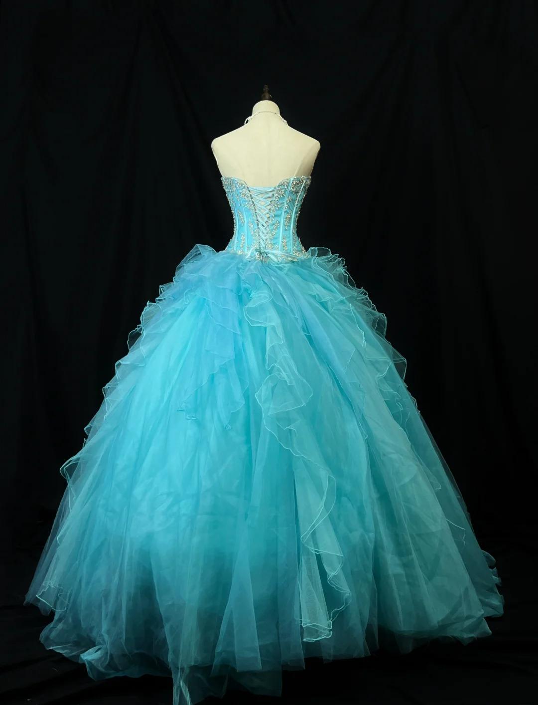 Fairy Sweetheart Ball Gown Tulle Rhinestone Long Prom Dresses Blue Quinceanera Dresses Sweet 16 Dresses DP3211