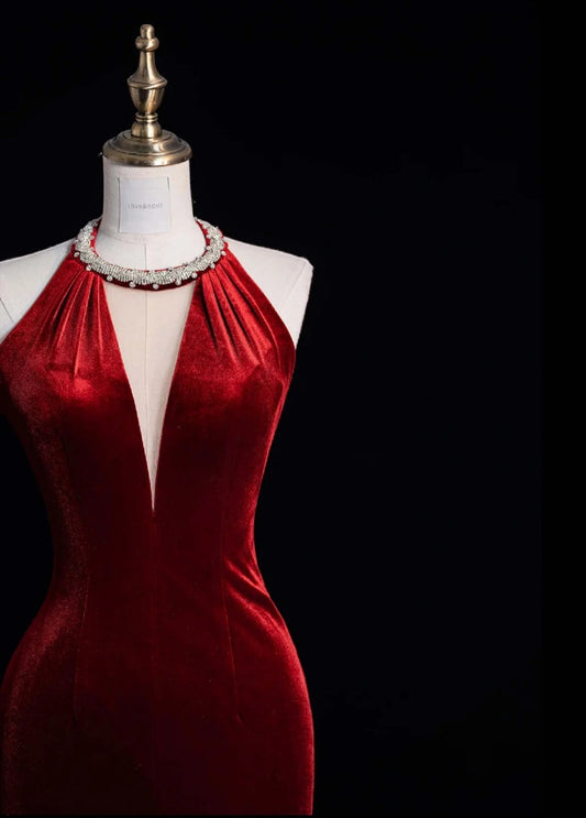 Elegant V-neck Sheath Long Prom Dresses Velvet Open Back Burgundy Evening Dresses DP3340