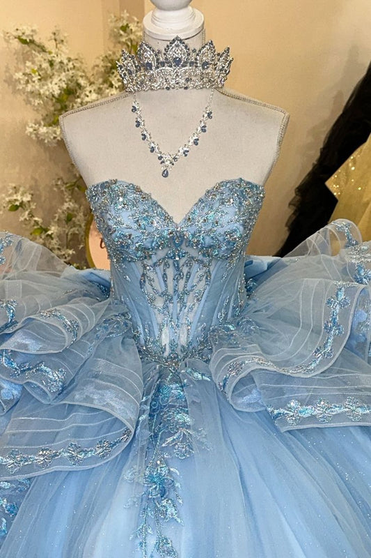 Fairy Sweetheart Neck Ball Gown Long Prom Dresses Tulle Applique Blue Quinceanera Dresses Sweet 16 Dresses DP3690