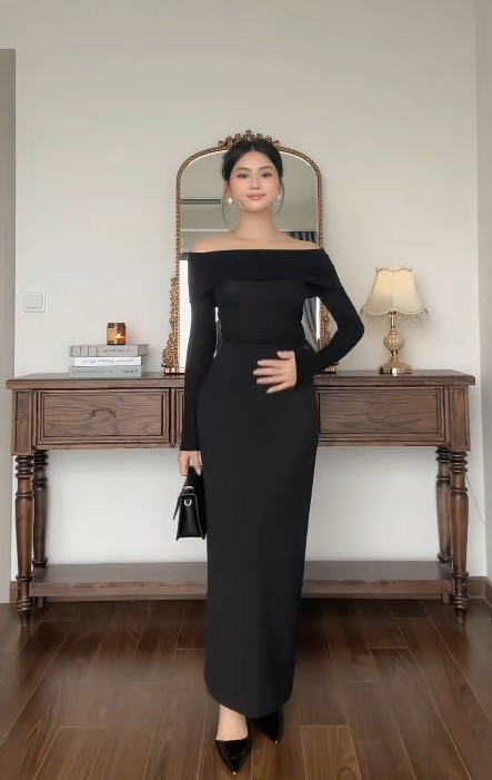 Elegant Off-the-shoulder Sheath Black Formal Dresses Black Evening Dresses DP3756