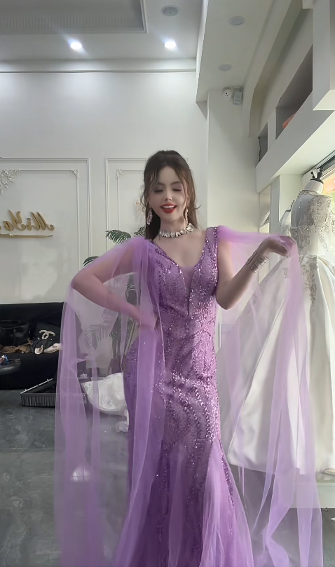 Elegant Mermaid Purple Long Prom Dresses Tulle Purple Wedding Guest Dresses DP3828