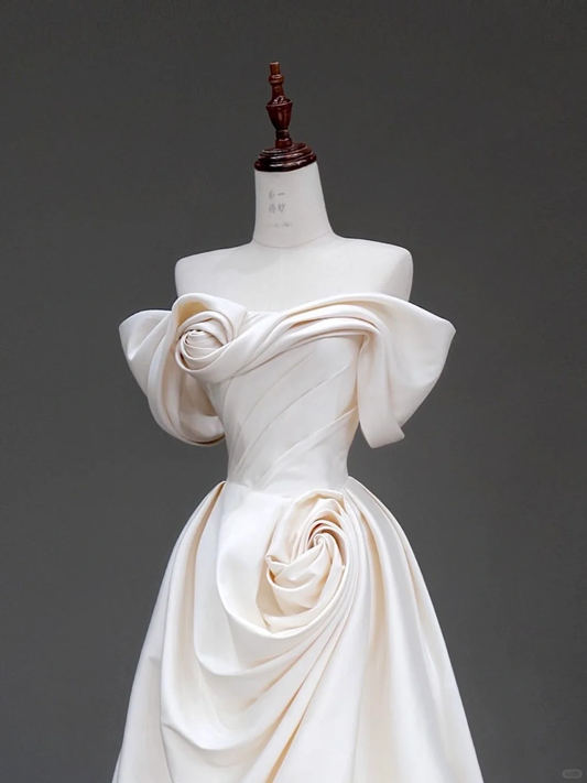 Classy Elegant A Line Off The Shoulder Flowers Satin Long Wedding Dress Brides Dress DP639