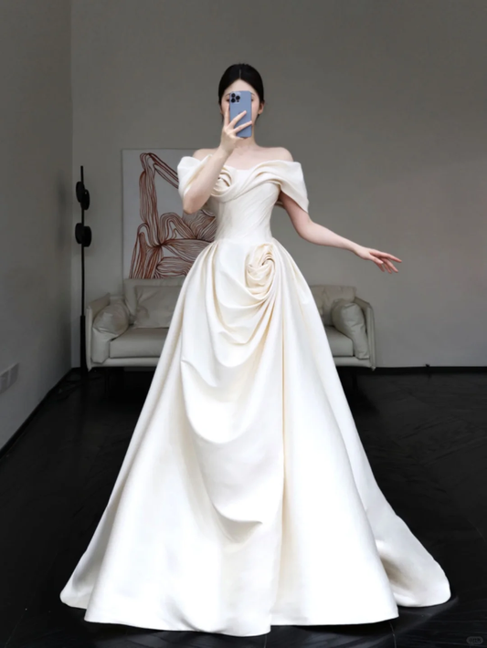 Classy Elegant A Line Off The Shoulder White Satin Long Wedding Dress Brides Dress DP649
