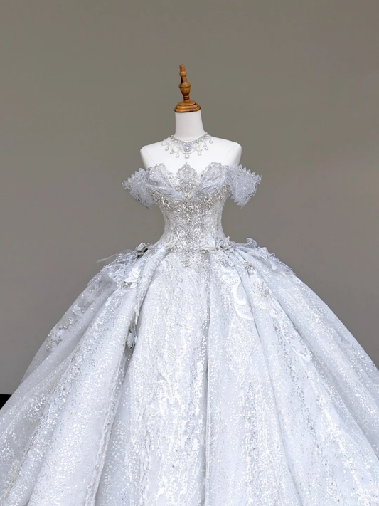 Classy Elegant Ball Gown Off The Shoulder Sequin White Short Sleeves Wedding Dress Brides Dress DP702