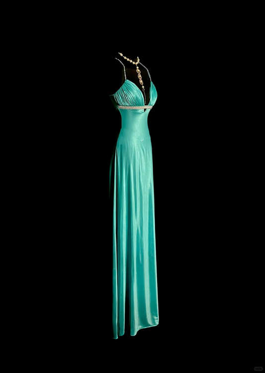 Elegant Glamour Mermaid Spaghetti Straps Blue Satin Long Prom Dresses Party Dress Evening Dress DP927