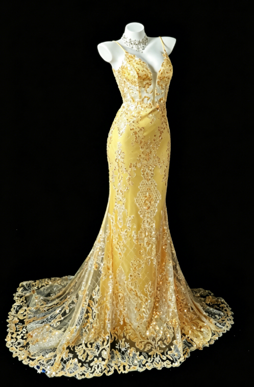 Chic Yellow Prom Dress Spaghetti Strapless Sheath Tulle Appliques Long Evening Dress DQ013