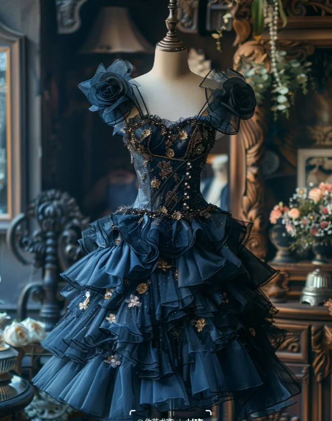 Pretty Sweetheart Neck Tulle Appliques Navy Blue A Line Layered Formal 18th Birthday Outfits Homecoming Dress Y9249