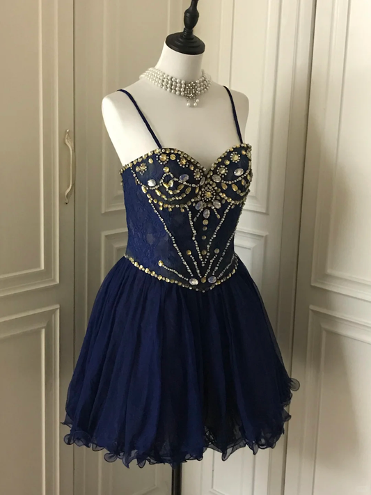 Vintage Navy Blue Lace Beaded A Line Homecoming Dress Birthday Dress S545