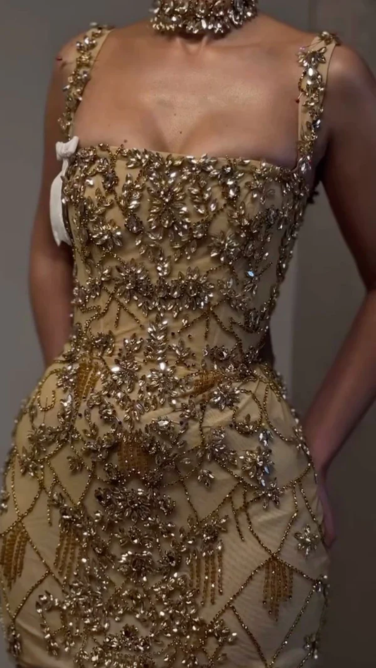 Luxury Sheath Square Neck Gold Short Formal Grade Homecoming Dresses Gold Cocktail Dress S337
