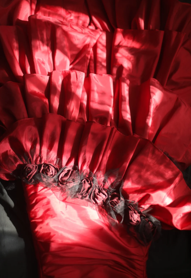 Vintage Red Strapless Satin Layered Mermaid Evening Dress Long Party Dress D2311