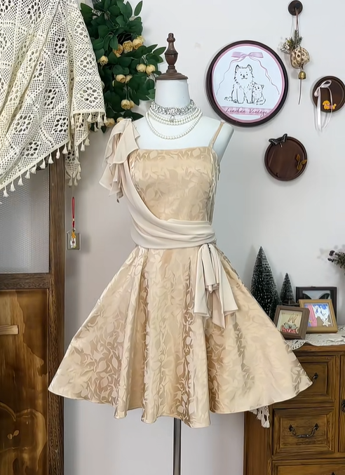 Vintage Satin Print Floral A Line Mini Party Dress Spaghetti Straps Champagne Homecoming Dress S335