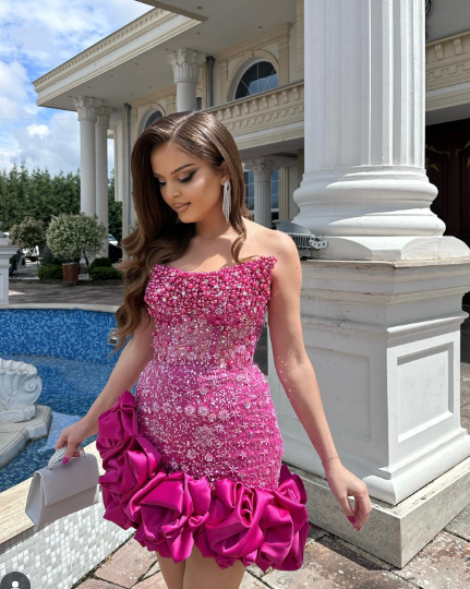 Gorgeous Strapless Satin Beaded Pleated Cocktail Dress Hot Pink Sheath Homecoming Dress S382