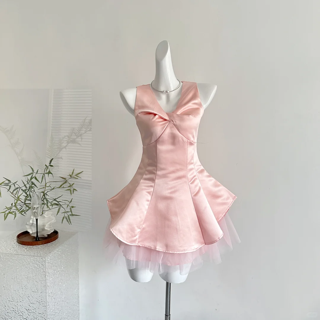 Cute Pink Sleeveless Satin A Line Birthday Outfits Vacation Dress S692
