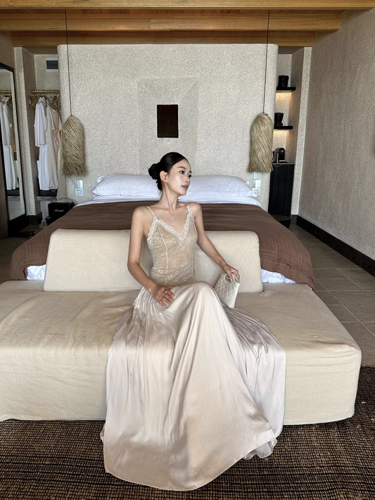 Unique Apricot Spaghetti Straps V Neck Lace Satin A Line Long Evening Dress Party Gown