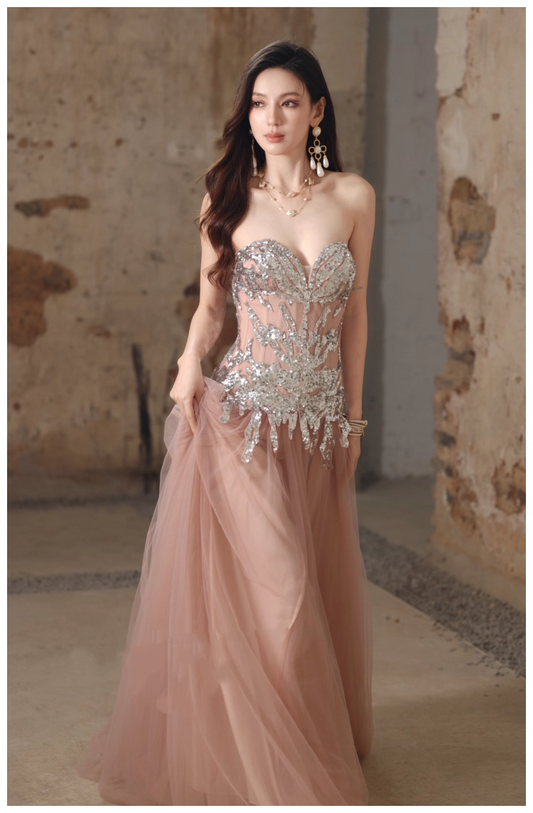 Pretty Pink Sweetheart Neck Tulle Sequin A Line Slit Long Evening Dress Party Gown