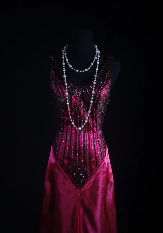 Charming V Neck Hot Pink Satin Beaded Mermaid Long Party Dress Birthday Evening Gown