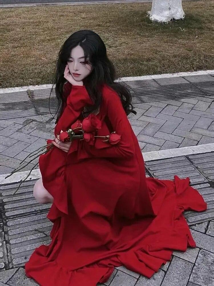 Women Autumn Long Sleeve Midi Dress Elegant Ruffles Red Square Neck Irregular Prom Dress Y5190