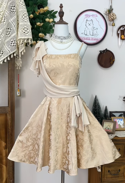 Vintage Satin Print Floral A Line Mini Party Dress Spaghetti Straps Champagne Homecoming Dress S335