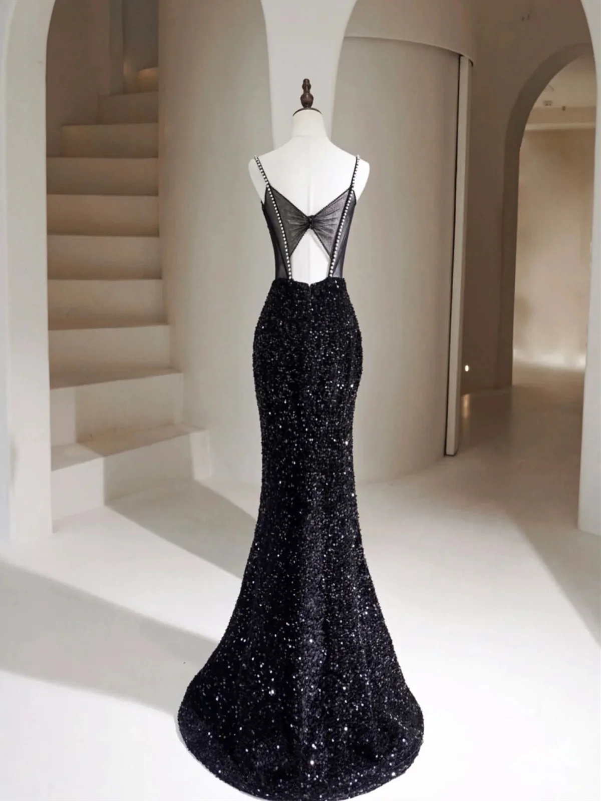 Delicate Black Mermaid Square Sequins Long Prom Dresses GG008