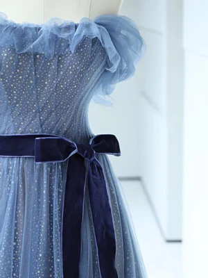 Shiny A Line Off the Shoulder Bow-knot Waist Blue Tulle Prom Dresses, Blue Long Formal Evening Dresses GG059