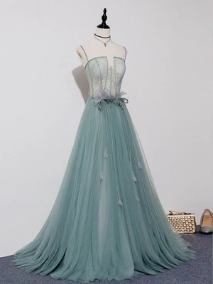 New Elegant A Line Spaghetti Straps Lace Long Prom Dresses, Long Formal Evening Dresses GG075