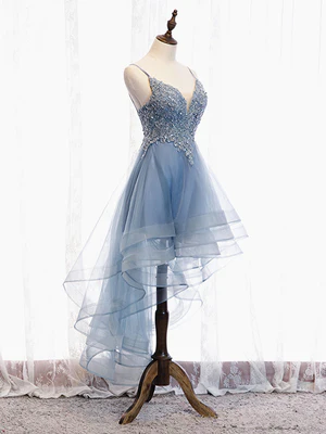 New Delicate A Line V Neck High Low Applique Blue Lace Prom Dresses, Formal Evening Graduation Dresses GG081