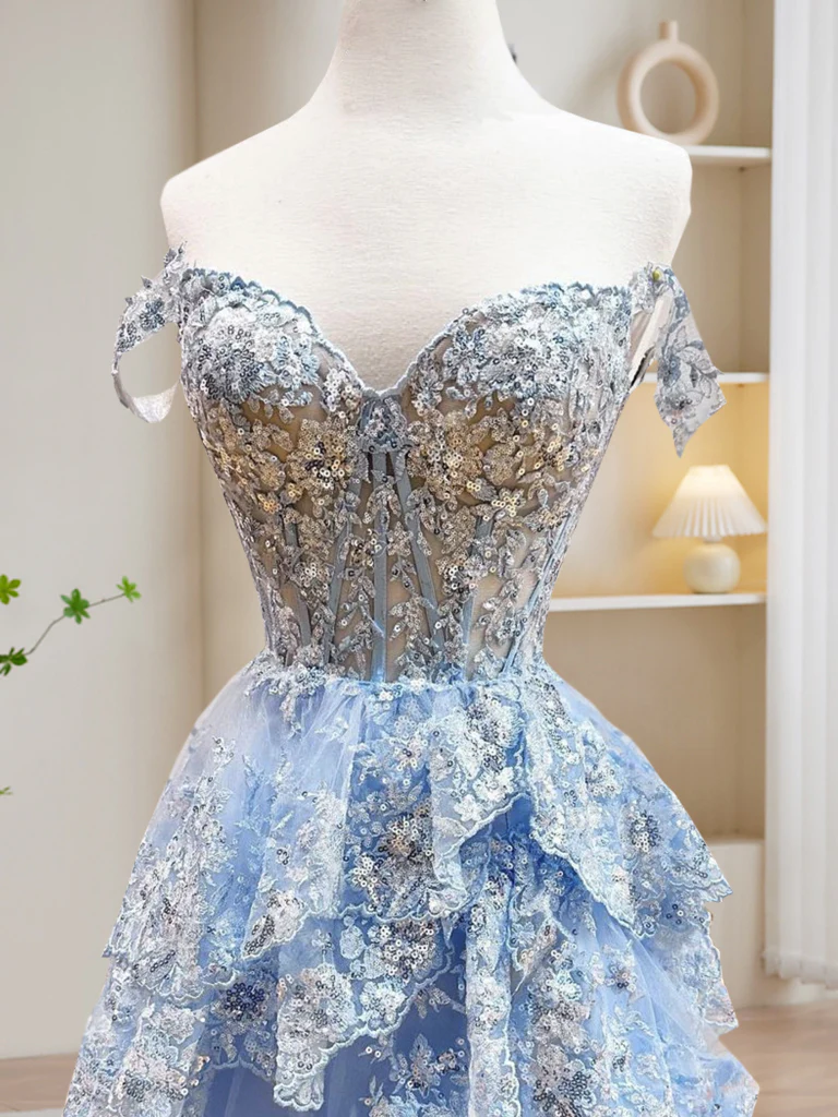 Delicate A Line Sweetheart Neck Blue Sequin Tiered Ball Gown Long Prom Dresses, Sequin Long Formal Dresses GG085