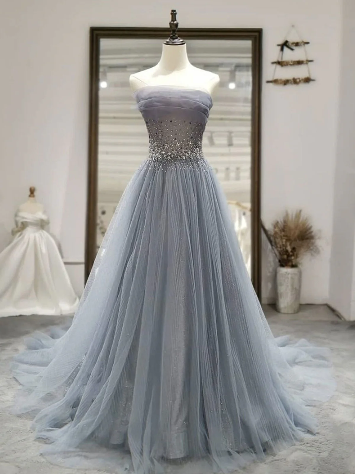 New Elagant A Line Strapless Gray Tulle Crystals Long Prom Dresses, Long Formal Evening Dresses GG088