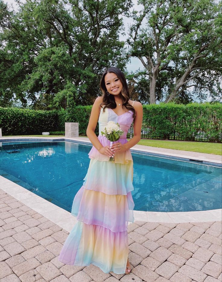 Colorful A Line Spaghetti Straps Tiered Chiffon Long Prom Dress,Evening Dress GG1082