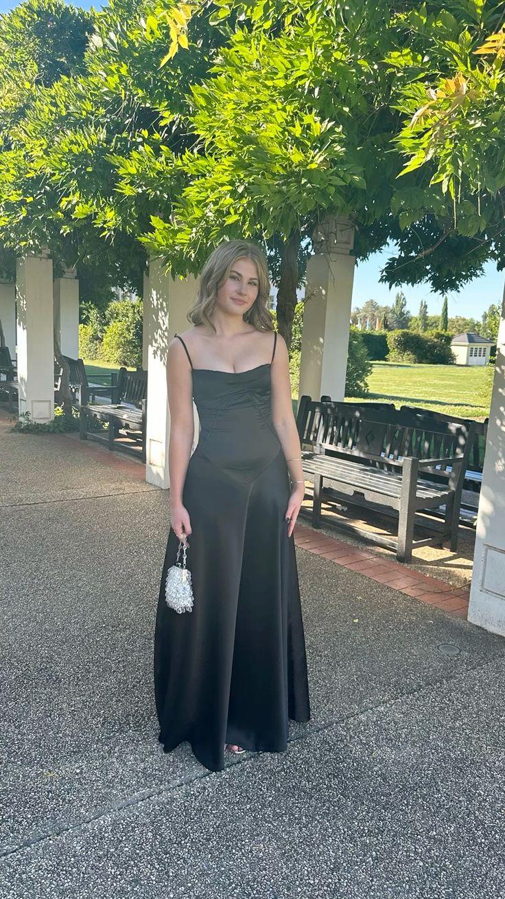 Elegant A Line Spaghetti Straps Black Satin Long Prom Dress,Evening Dress GG1150