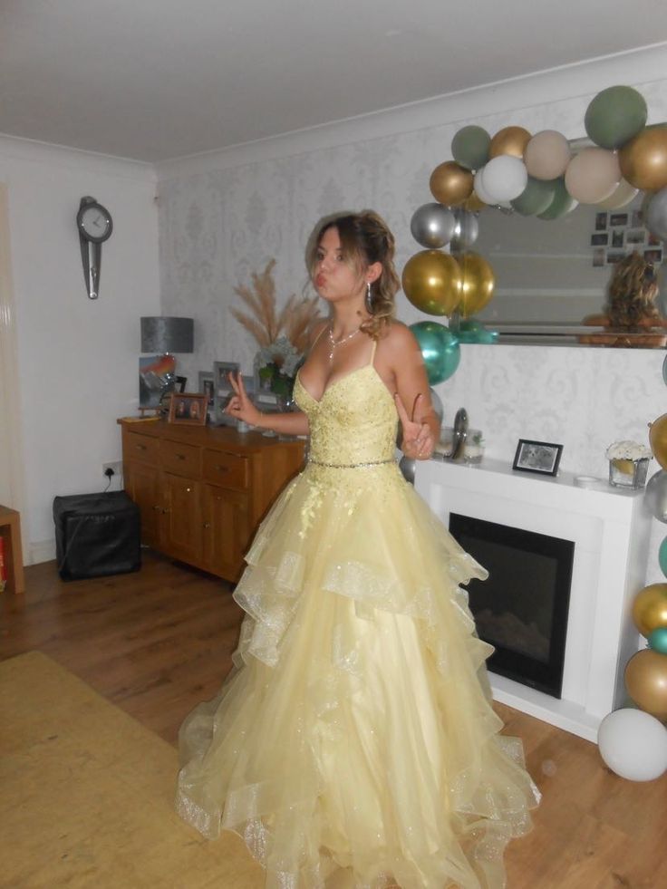 Princessful A Line Spaghetti Straps Pastel Yellow Organza Beaded Long Prom Dress,Birthday Dress GG1458